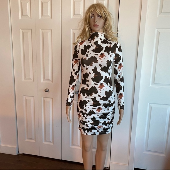SHEIN - White and brown ruched bodycon Cow pattern stretch dress for S- US XS - Picture 1 of 11